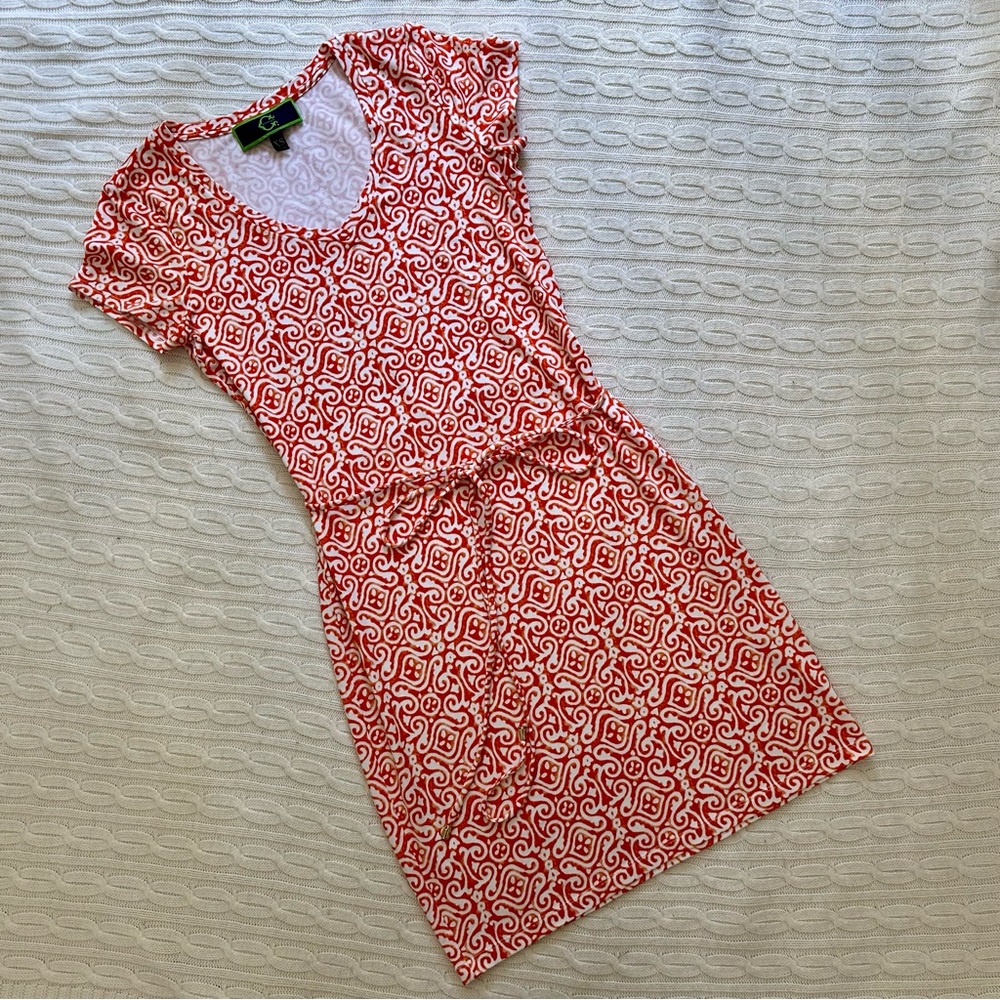 C. Wonder Orange and White Island Batik Print Dress - Stretchy and Fun!